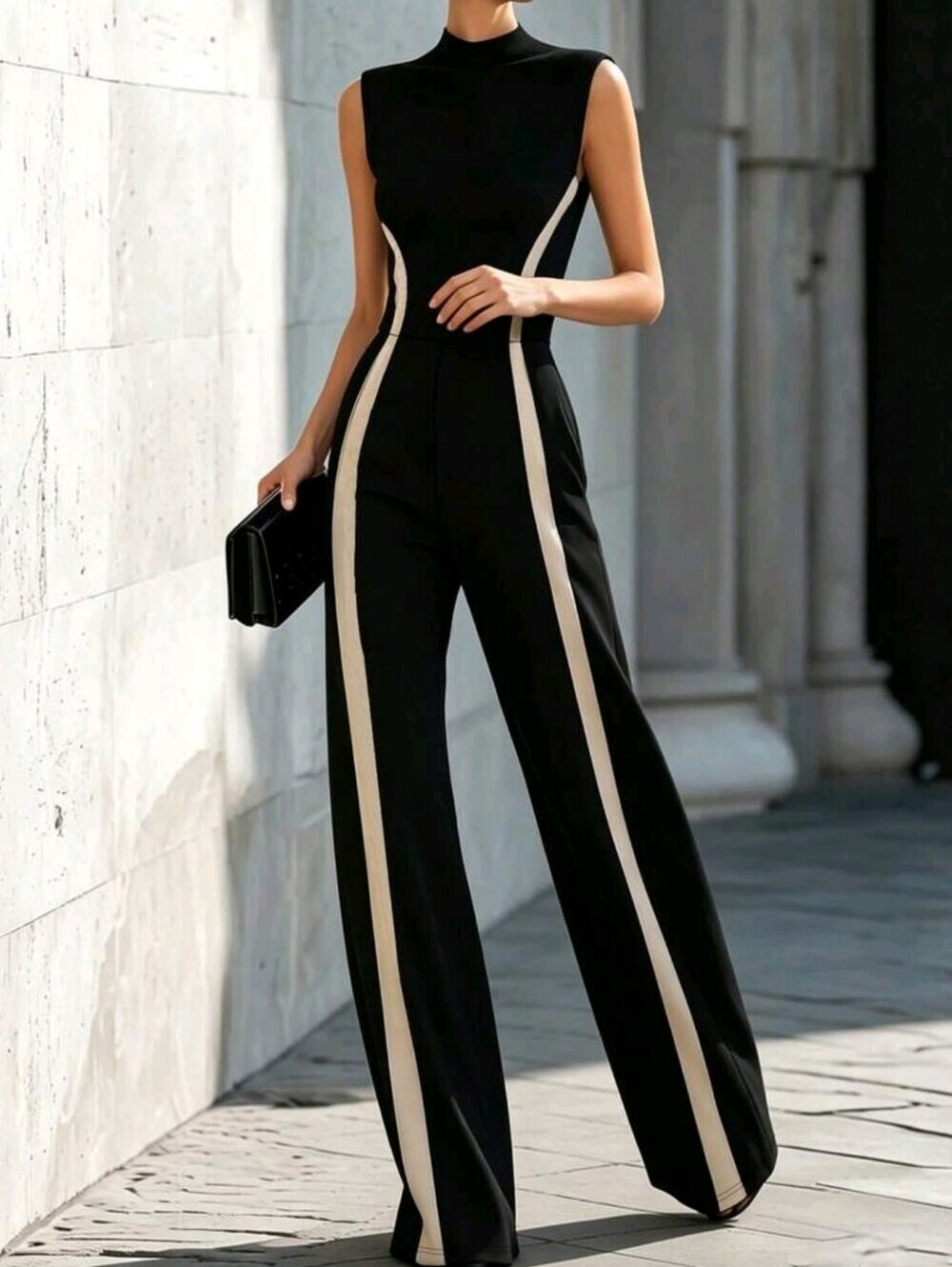 Women's Colorblock Stand Collar Pocket Sleeveless Elegant Jumpsuit - Picture 4 of 4